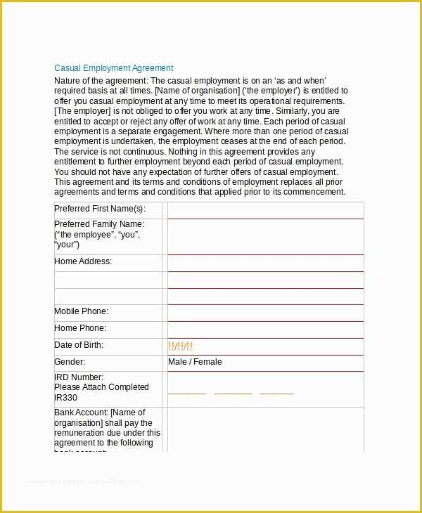 Free Casual Employment Contract Template Of 9 Sample Casual Employment Agreements