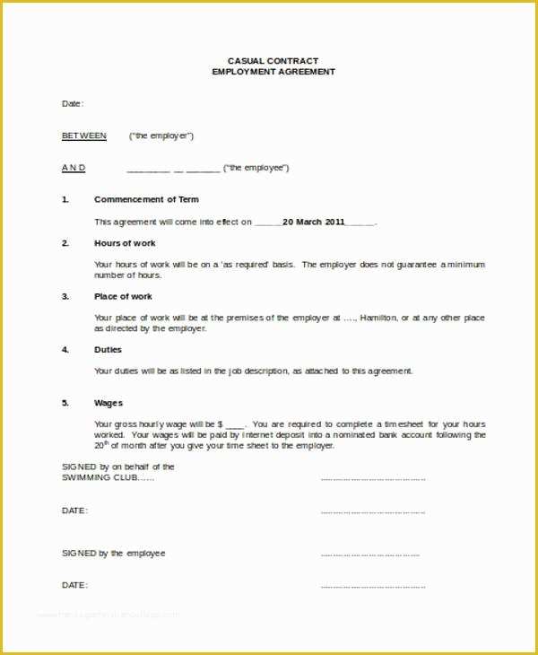 Free Casual Employment Contract Template Of Contract form Templates