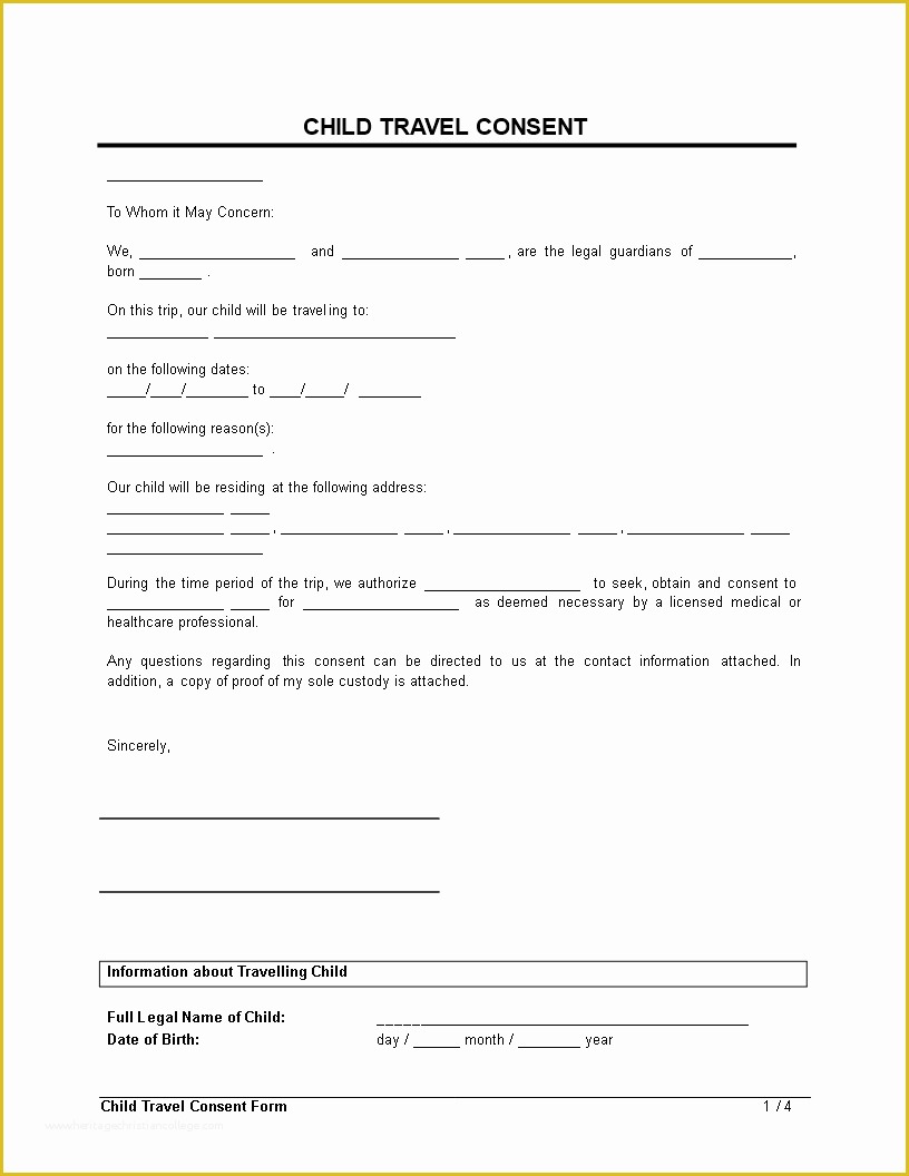 Free Child Travel Consent form Template Of Free Child Travel Consent form Clean