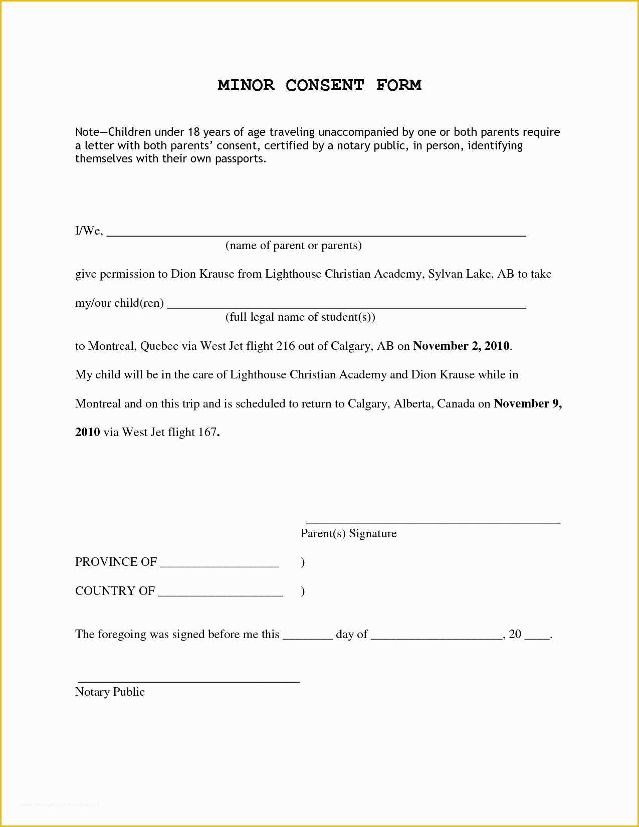 Free Child Travel Consent form Template Of Free Child Travel Consent form Template