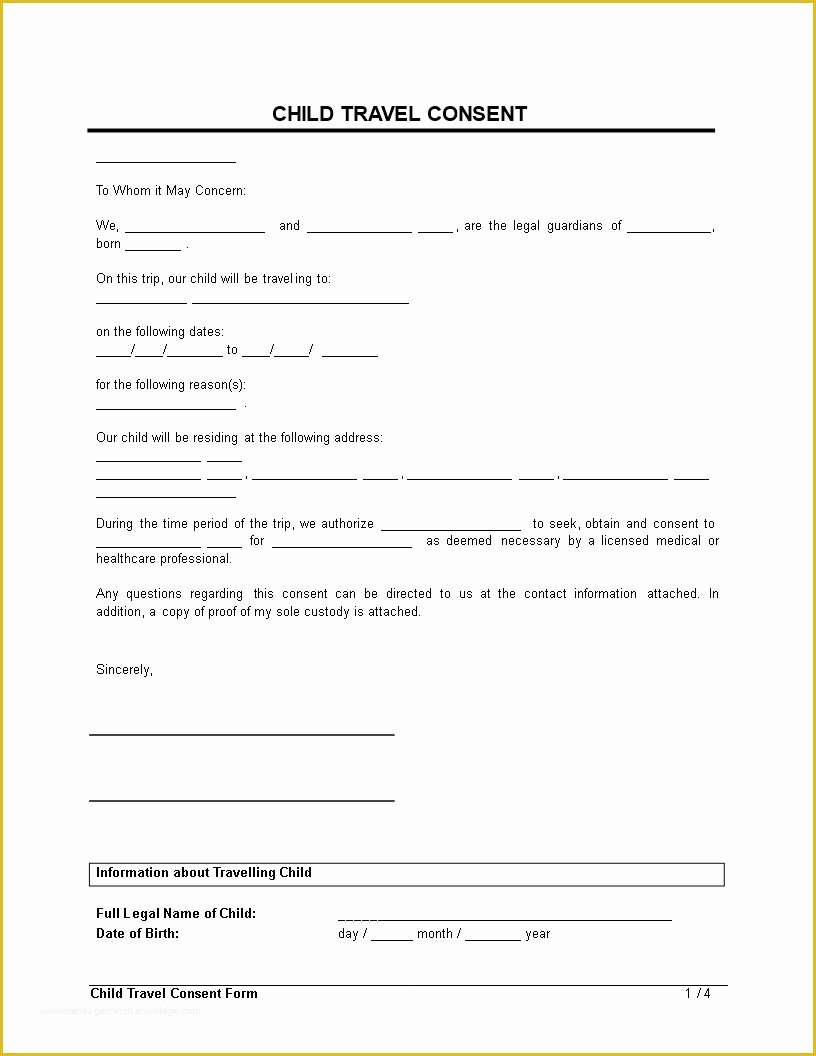 Free Child Travel Consent form Template Pdf Of Free Child Travel Consent form Clean