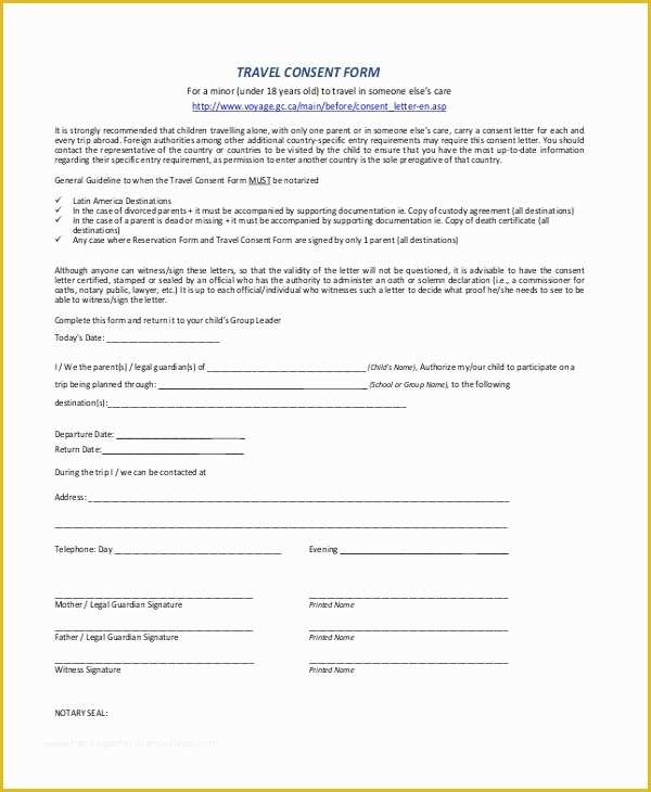 Printable Free Child Travel Consent Form Pdf