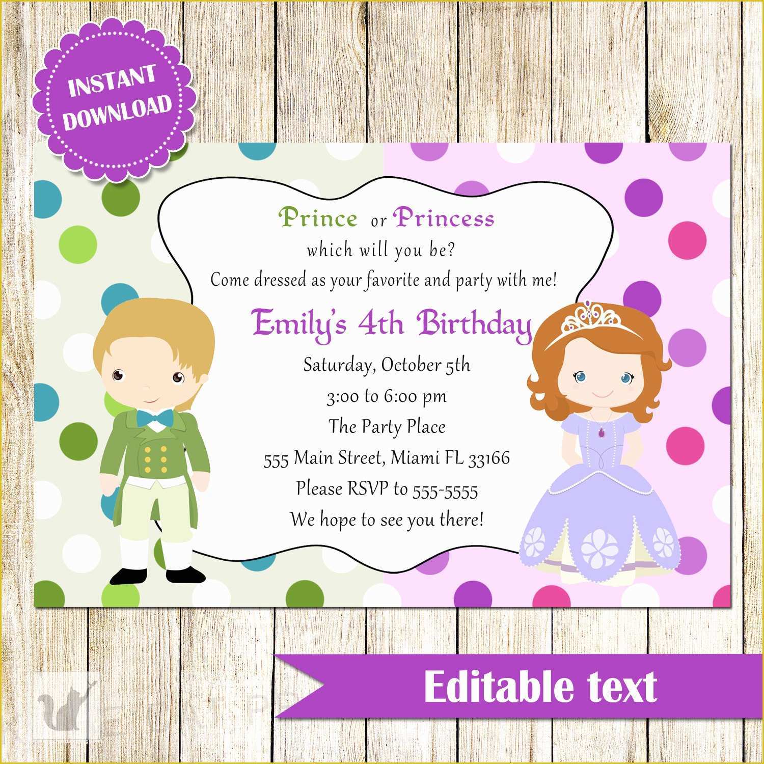 Free Childrens Party Invites Templates Of Prince and Princess Invitation Green Purple Printable Kids