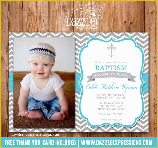 Free Christening Invitation Template for Baby Boy Of Printable Modern Blue and Gray Chevron Baptism or