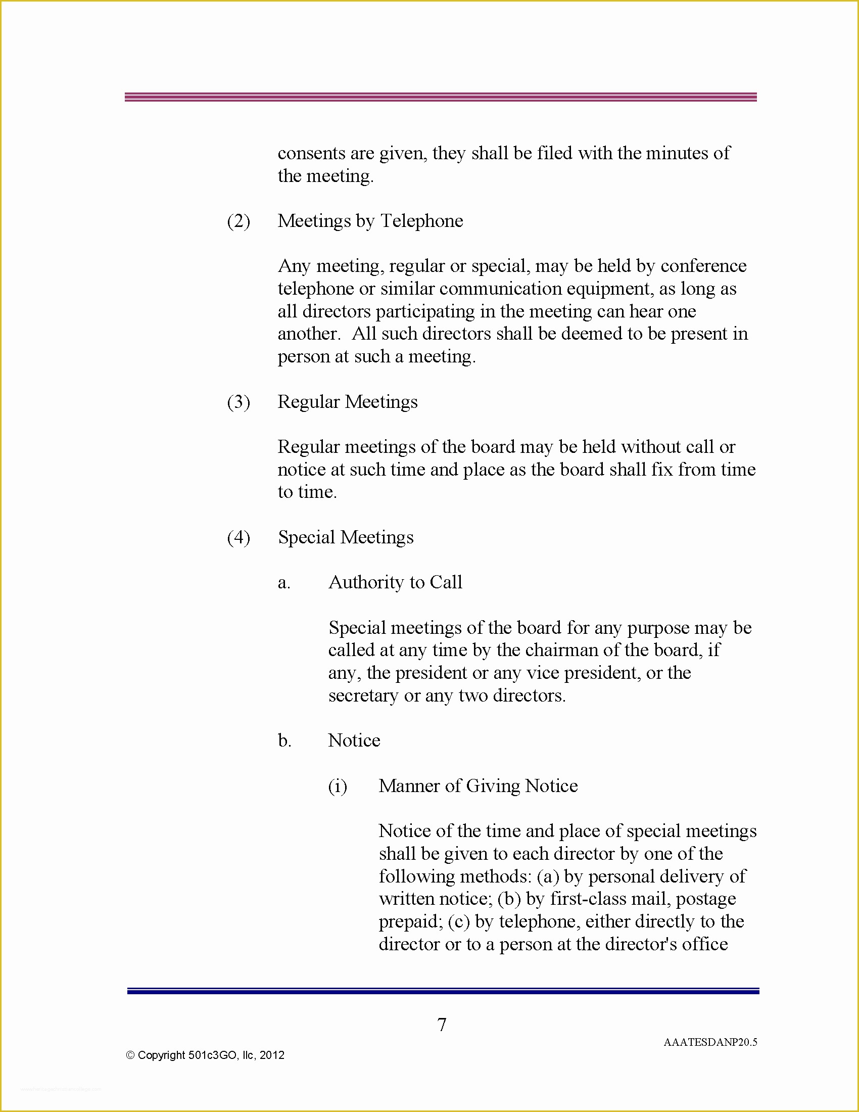 Free Church bylaws Template Of bylaws Page 7 501c3go