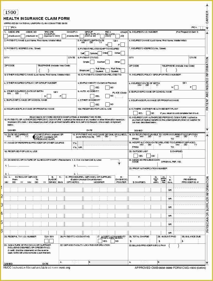 Free Cms 1500 Claim form Template Of Cms 1500 form Template Cms 1500 Health Insurance Paper