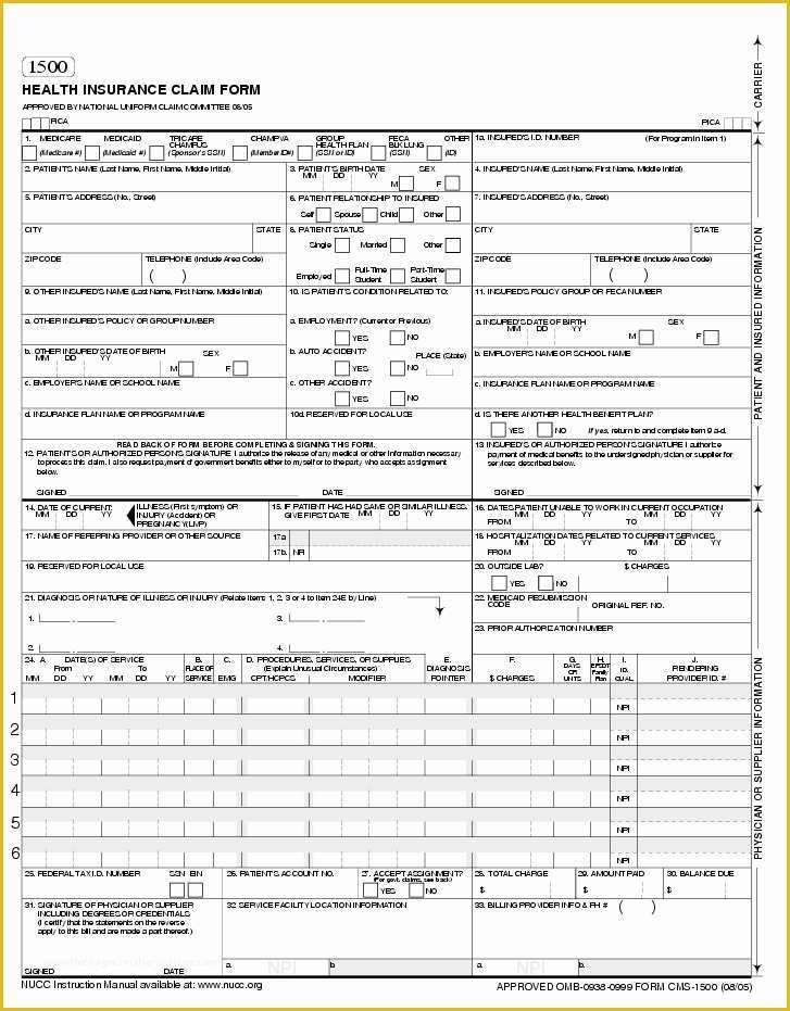 Free Cms 1500 Claim form Template Of Medical Claim form 1500 – Templates Free Printable