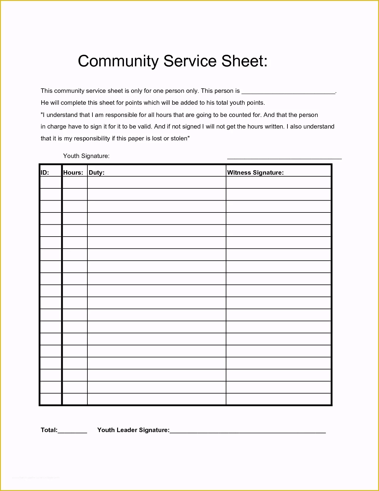 Community Service Template For Court