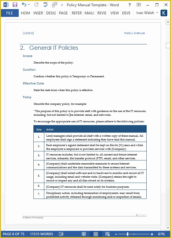 Free Company Policies and Procedures Template Of Policy Manual Template – Ms Word with Free Checklists