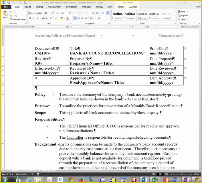 Free Company Policies and Procedures Template Of Word Templates Bank Account Procedure