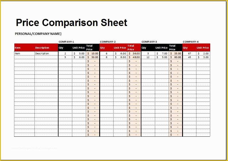 Free Comparison Chart Template Excel Of Price Parison Sheet Template for Excel