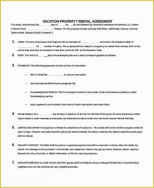 Free Condo Rental Agreement Template Of Vacation Rental Agreement – 8 Free Word Pdf Documents