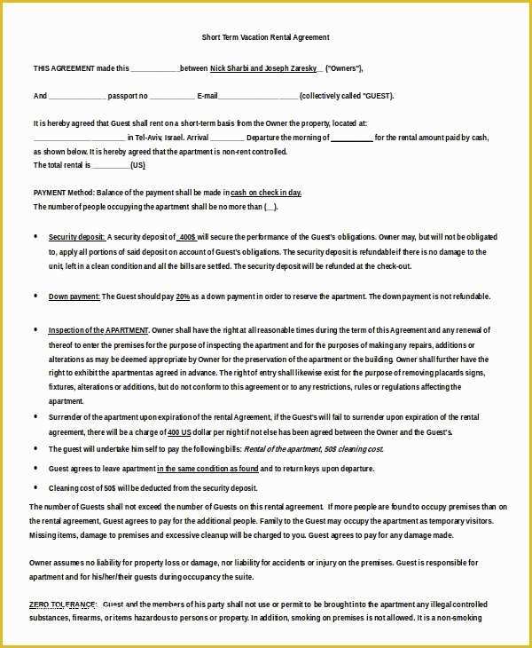 Free Condo Rental Agreement Template Of Vacation Rental Agreement – 8 Free Word Pdf Documents