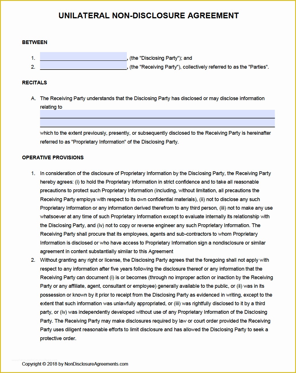 Free Confidentiality Agreement Template Word Of Free Unilateral Non Disclosure Agreement Nda Template