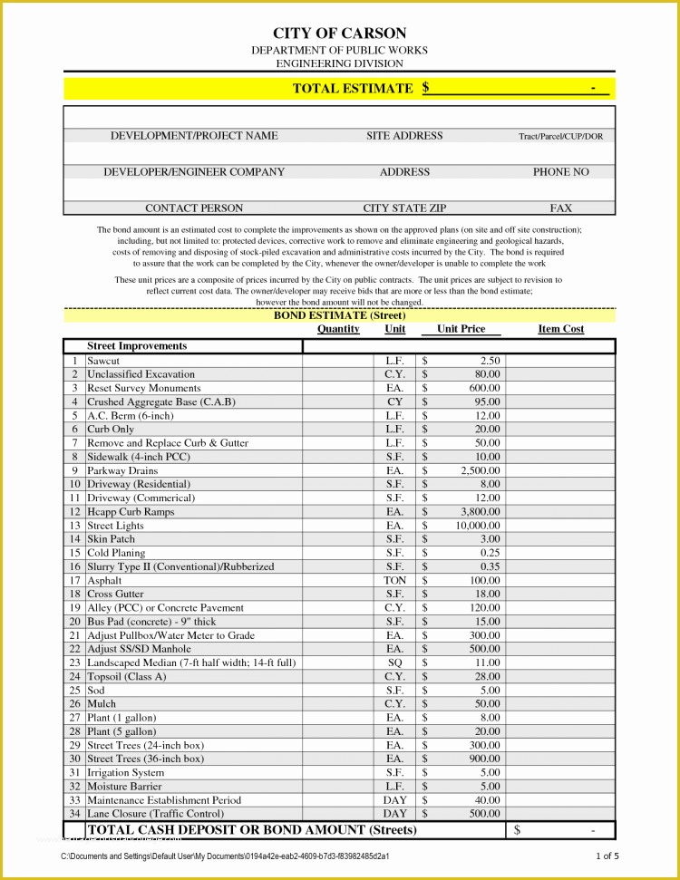 Free Construction Estimate Template Of Construction Estimate Template