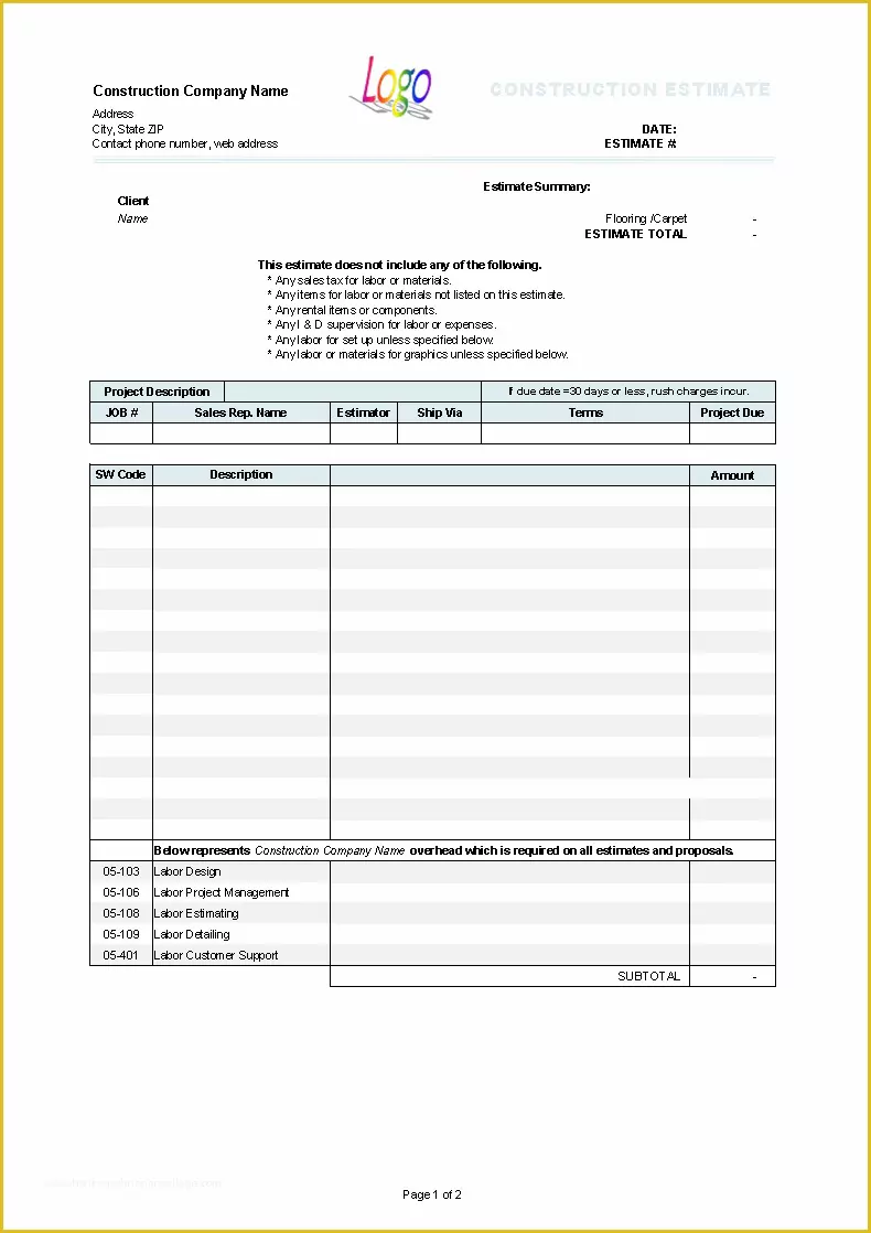 Free Construction Estimate Template Pdf Of Construction Estimate Template Uniform Invoice software