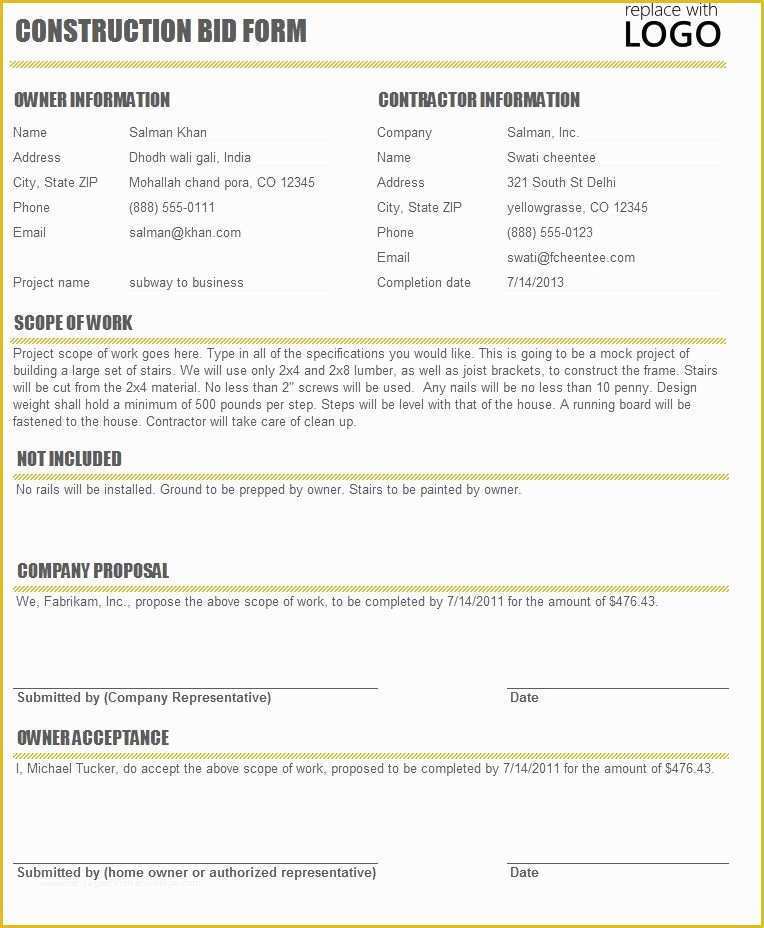 Free Construction Proposal Template Pdf Of Free Construction Time and Material forms