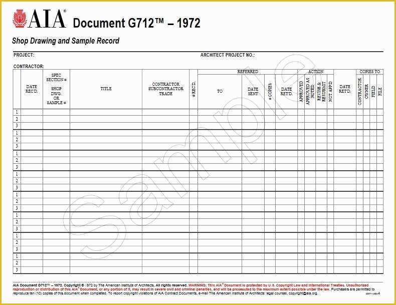 Free Construction Submittal Log Template Of G712–1972 Shop Drawing and Sample Record Aia Bookstore