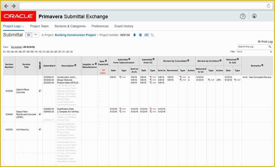 Free Construction Submittal Log Template Of Primavera Submittal Exchange Construction Document