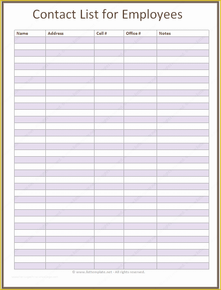 Free Contact Information Template Of Employee Contact List Template In A Basic format