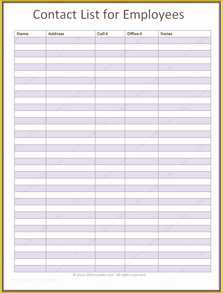 Free Contact Information Template Of Employee Contact List Template In A Basic format