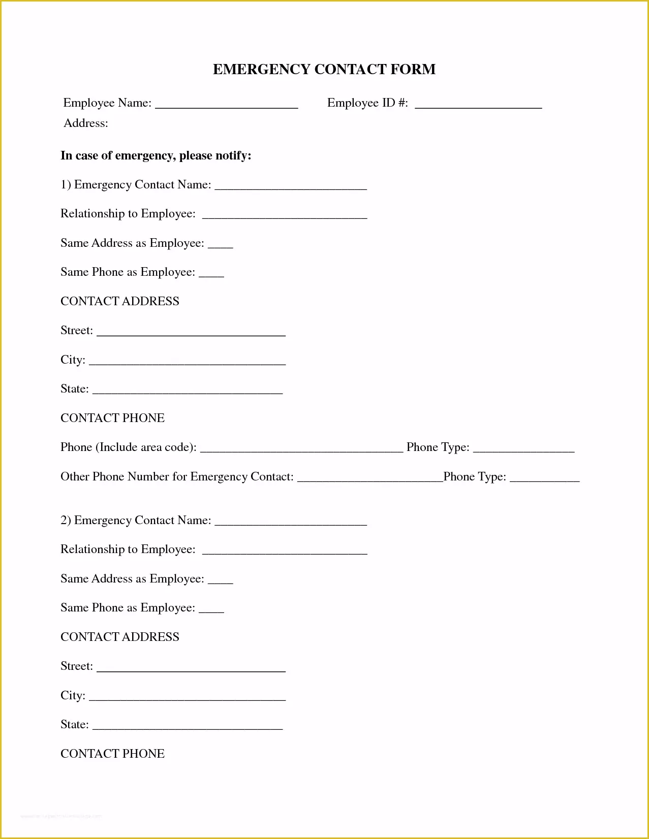 Free Contact Information Template Of Employee Emergency Contact Printable form to Pin