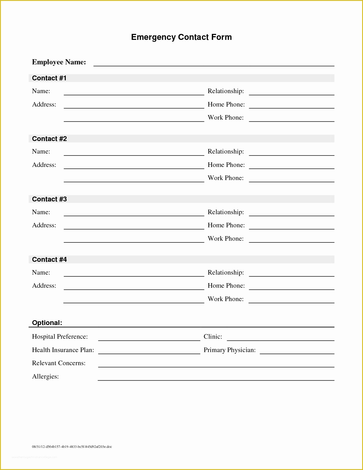 Free Contact Information Template Of Employee Emergency Contact Printable form to Pin