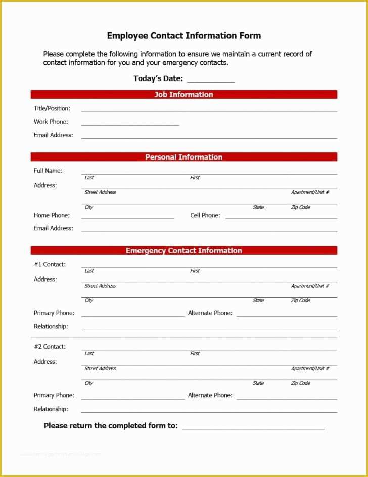 Free Contact Information Template Of Employee Information form