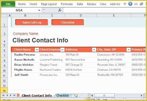 Free Contact Information Template Of Sales Call Log organizer for Excel