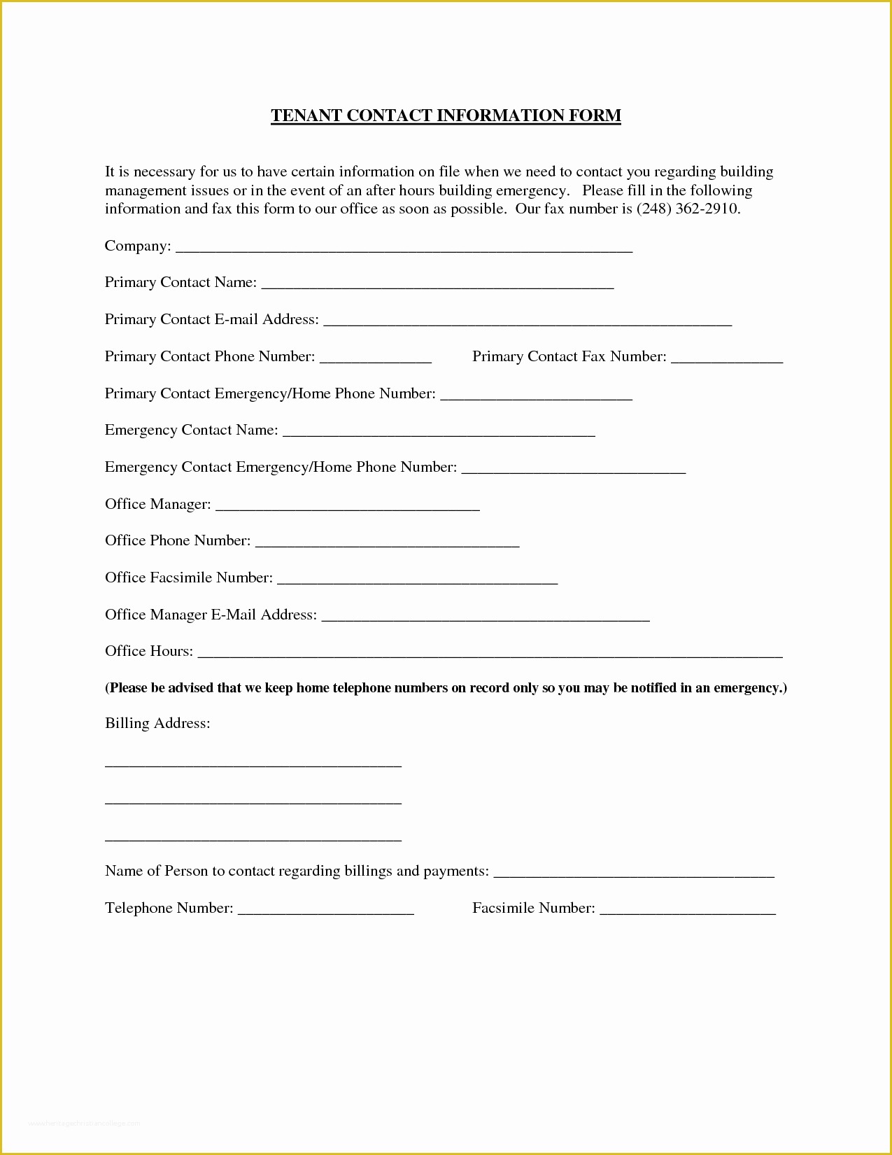 Free Contact Information Template Of Tenant Contact Information form