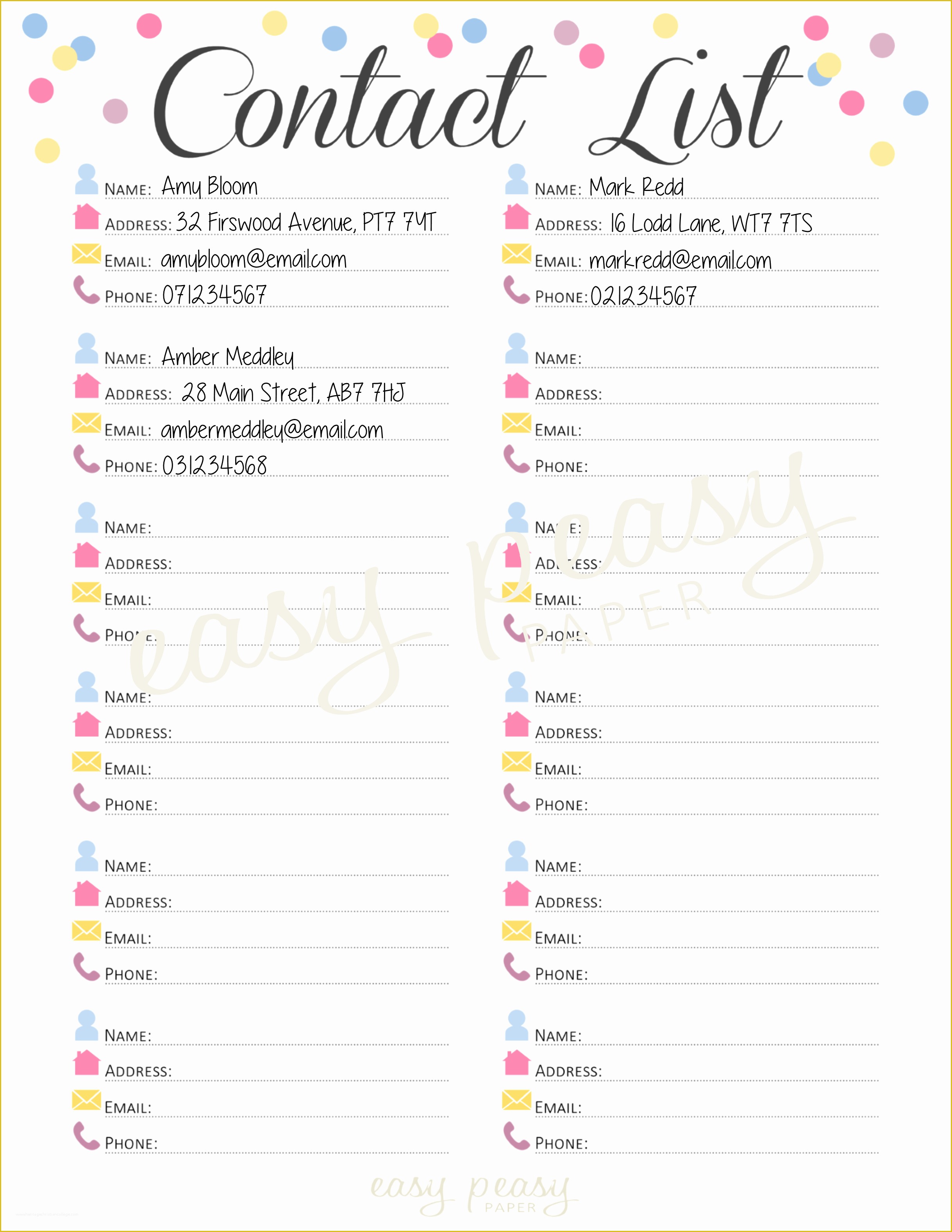 Free Contact List Template Of Contact List Printable From Easy Peasy Paper