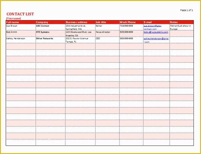 Free Contact List Template Of Free Contact List Template for Business