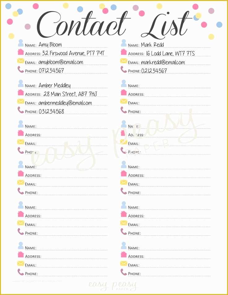 Free Contact List Template Of Printable Contact List Kit Contact List Template