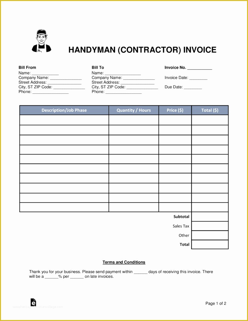 Free Contractor Invoice Template Of Free Handyman Contractor Invoice Template Word