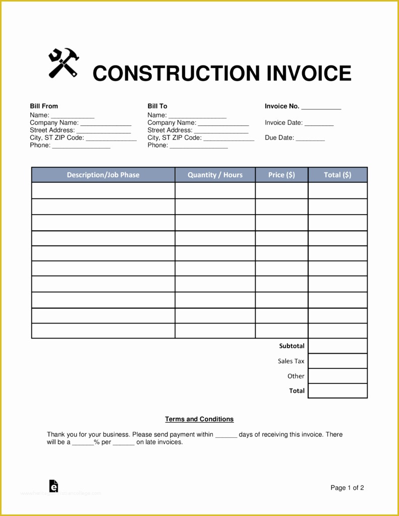 Free Contractor Invoice Template Pdf Of Free Construction Invoice Template Word Pdf
