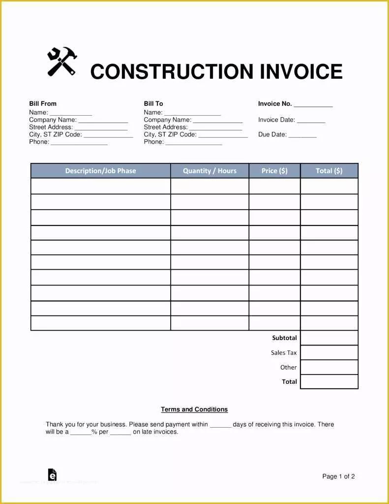 Free Contractor Invoice Template Pdf Of Invoice Template for Contractor for Free Construction