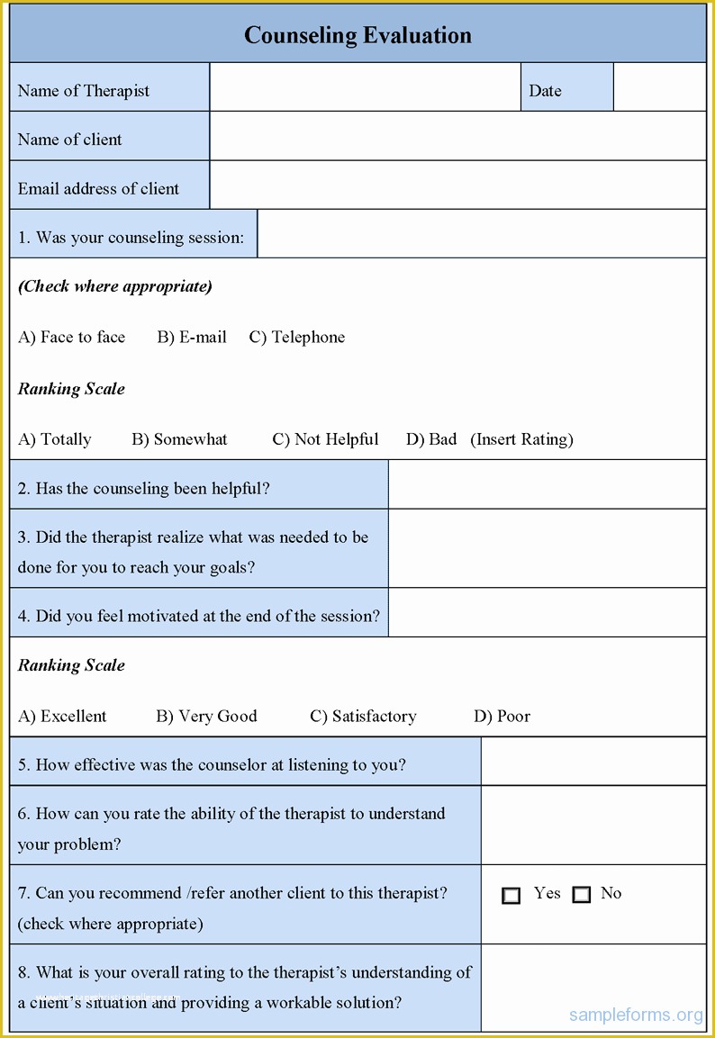 Free Counseling forms Templates Of Counseling Evaluation form Sample forms