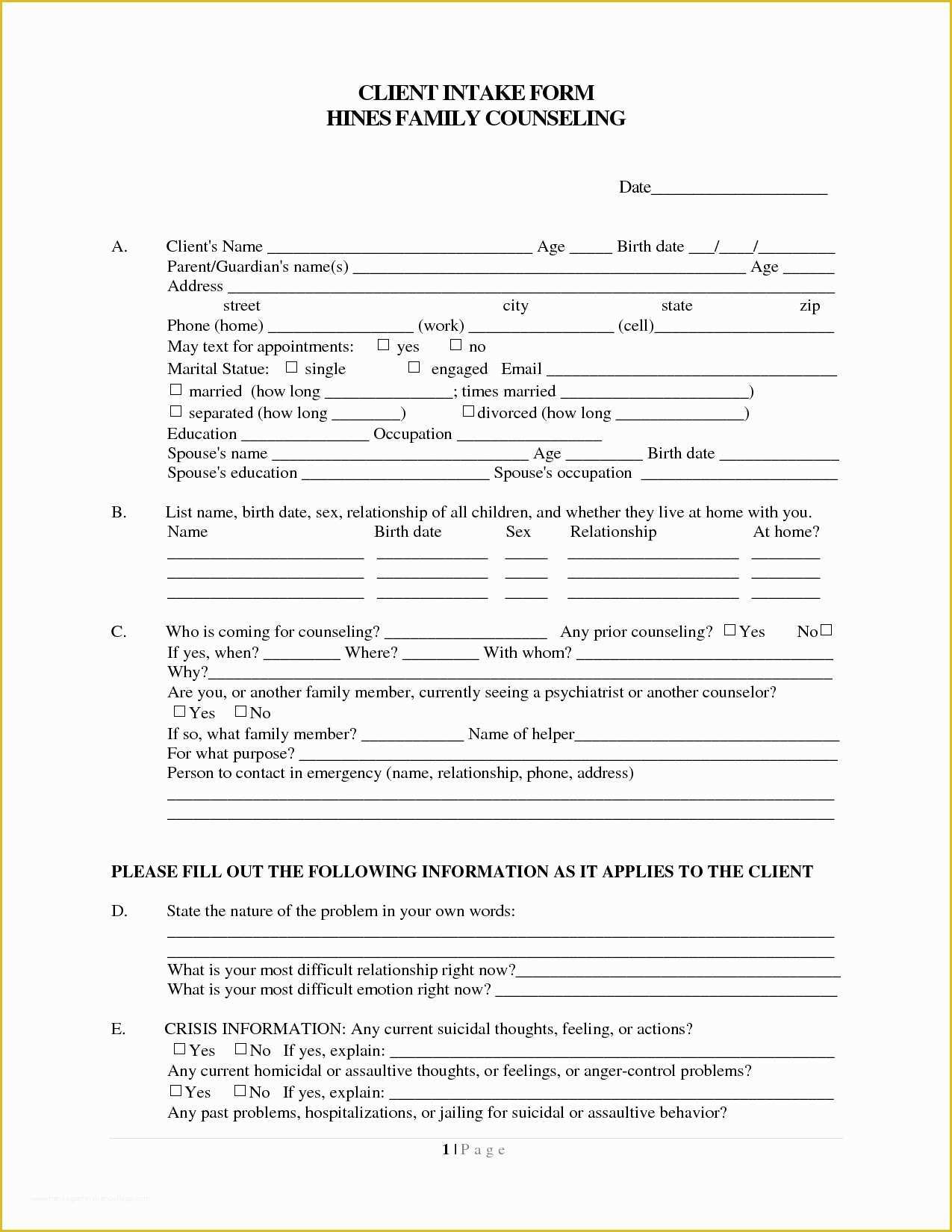 Free Counseling forms Templates Of Counseling Intake form Template Templates Resume