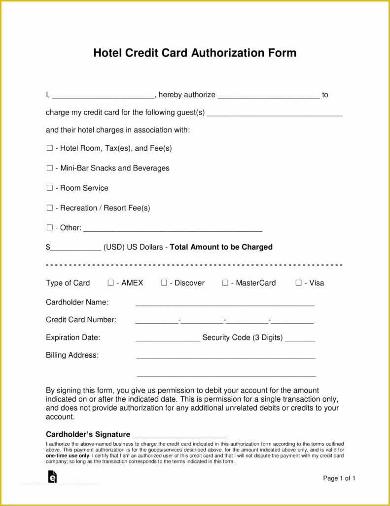 Free Credit Card Authorization form Template Word Of Free Hotel Credit Card Authorization forms Word