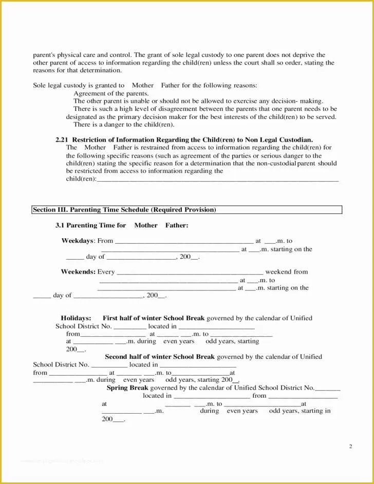 Free Custody Agreement Template Of Joint Custody Agreement Letter Good Sample Parenting Plan