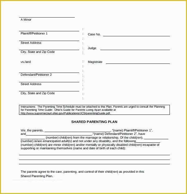 Free Custody Agreement Template Of Shared Parenting Plan Template