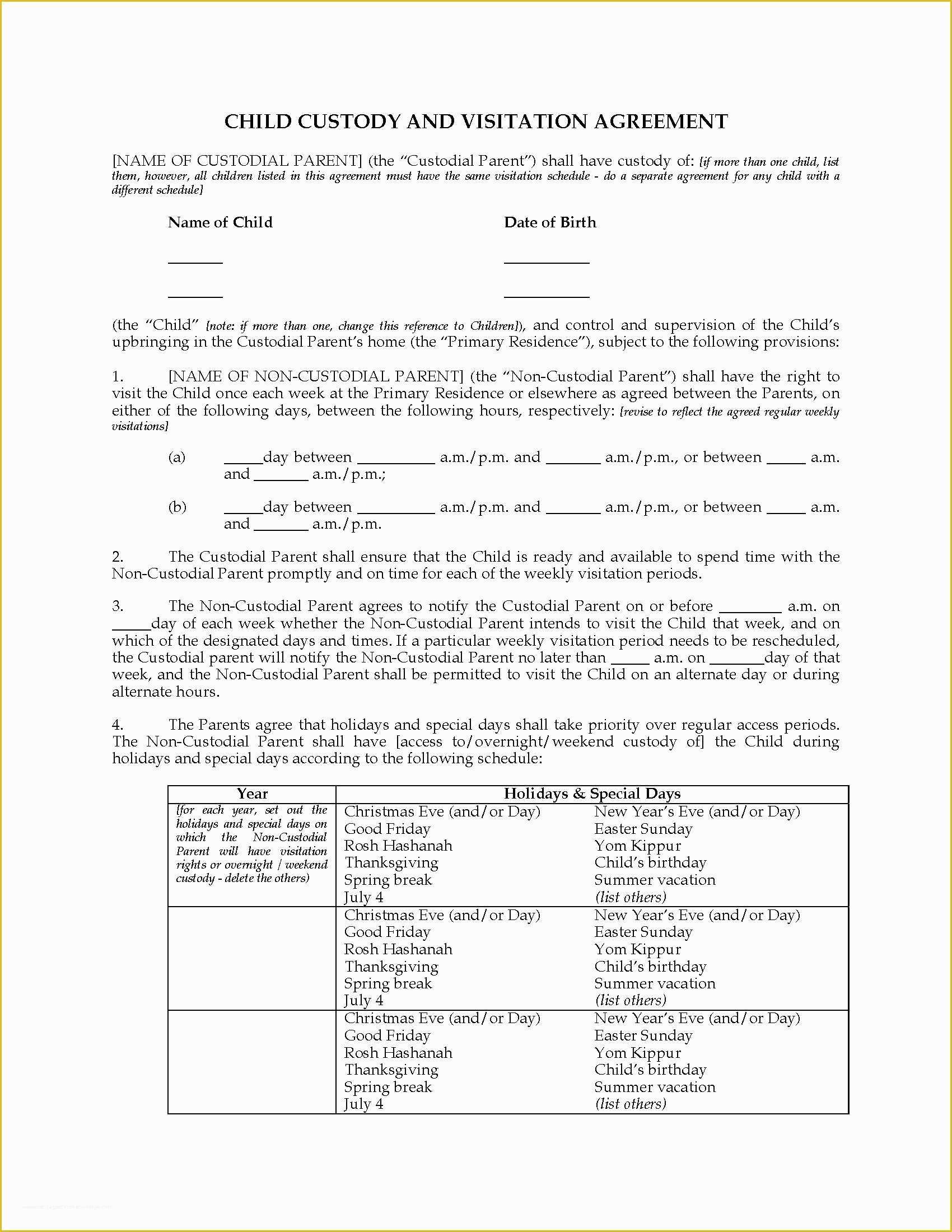 Free Custody Agreement Template Of Usa Child Custody and Visitation Agreement Between Parents