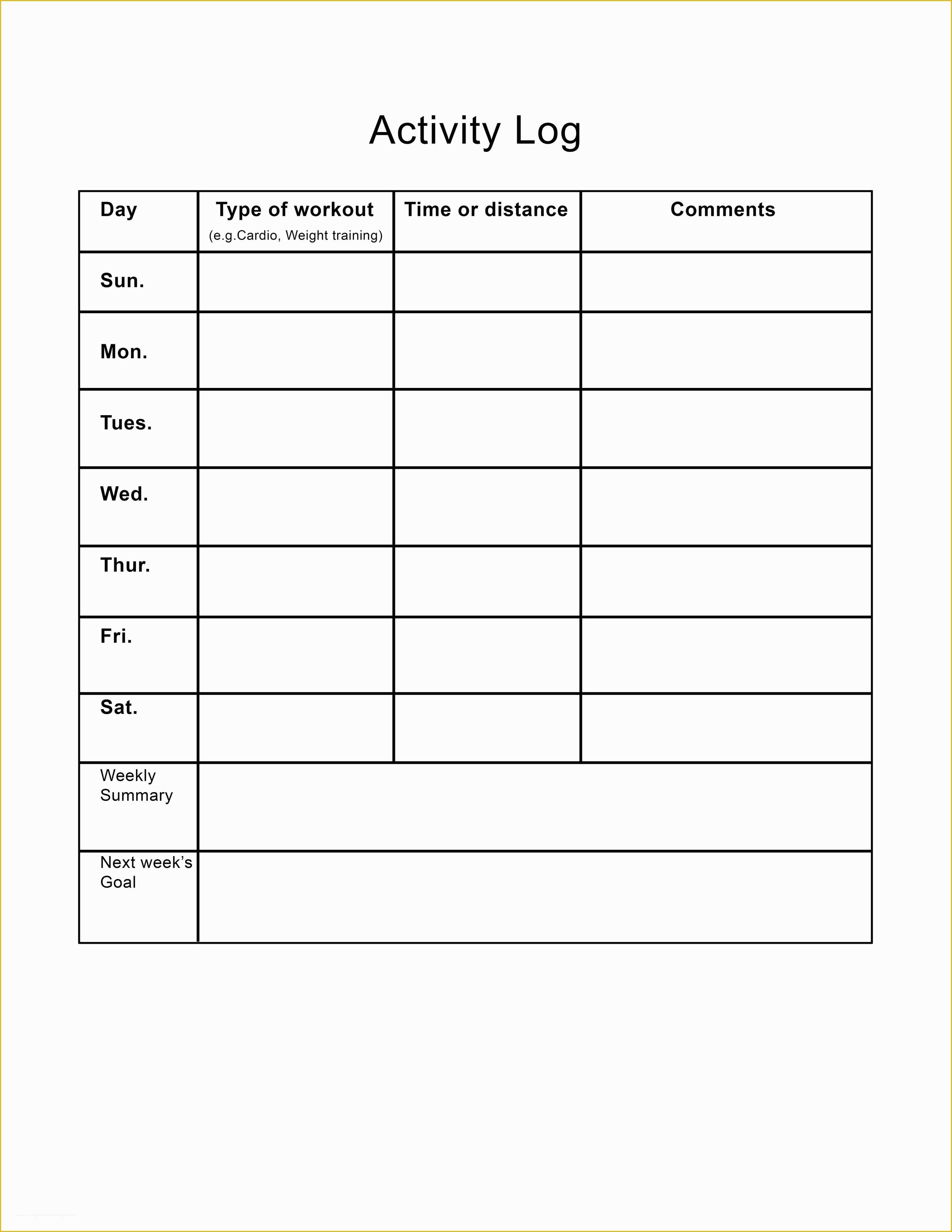 Free Daily Activity Log Template Of Workout and Diet Journal