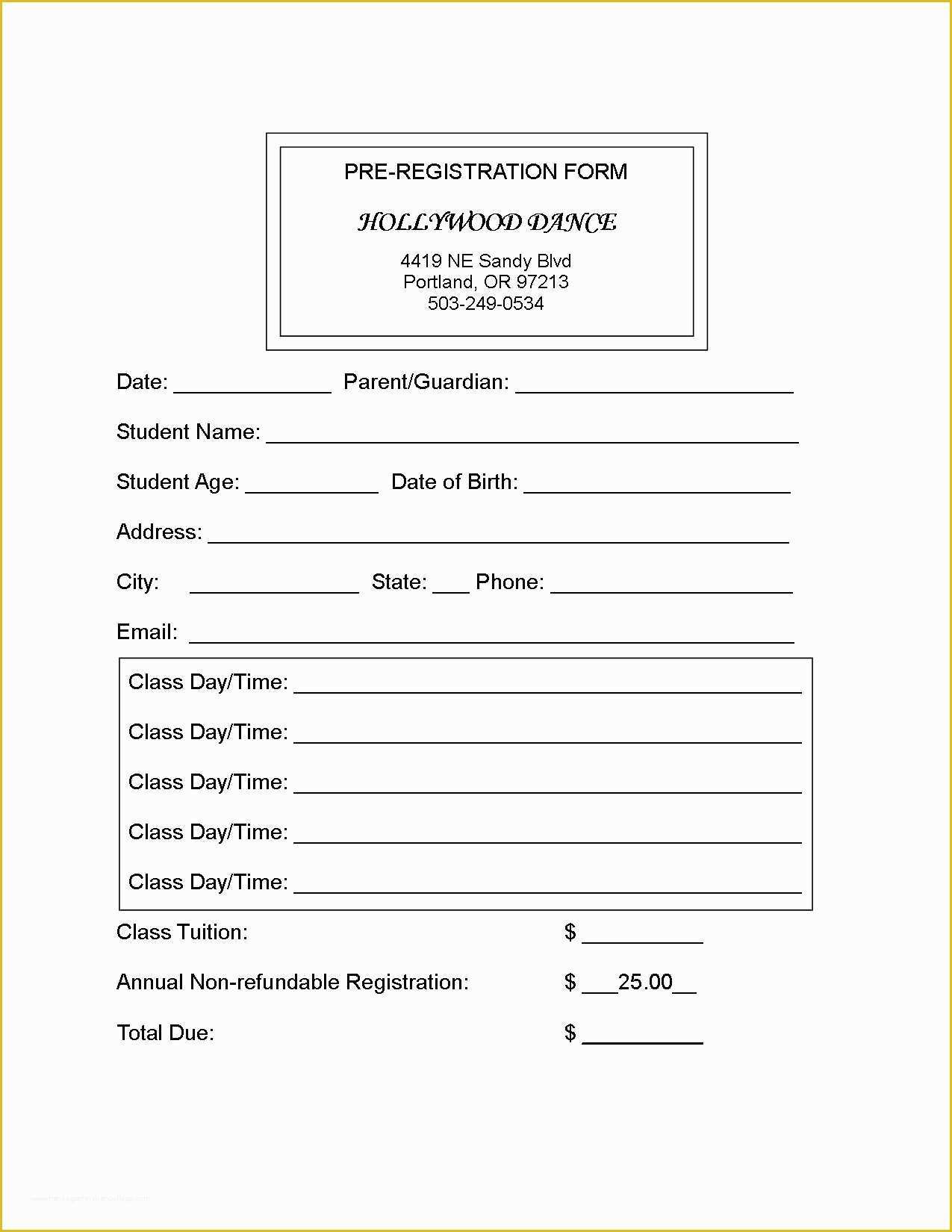 Free Dance Studio Business Plan Template Of 8 Best S Of Printable Registration form Template