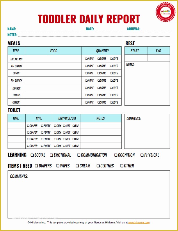 Free Daycare Templates Of toddler Daily Report 1 Per Page