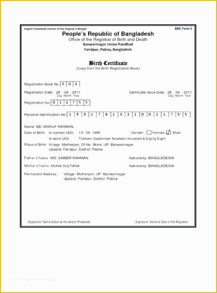 Free Death Certificate Translation Template Of Birth Certificate Sample form