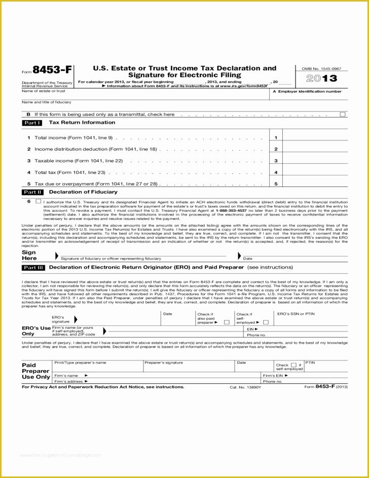 Free Declaration Of Trust Template Of form 8453 F U S Estate or Trust In E Tax Declaration