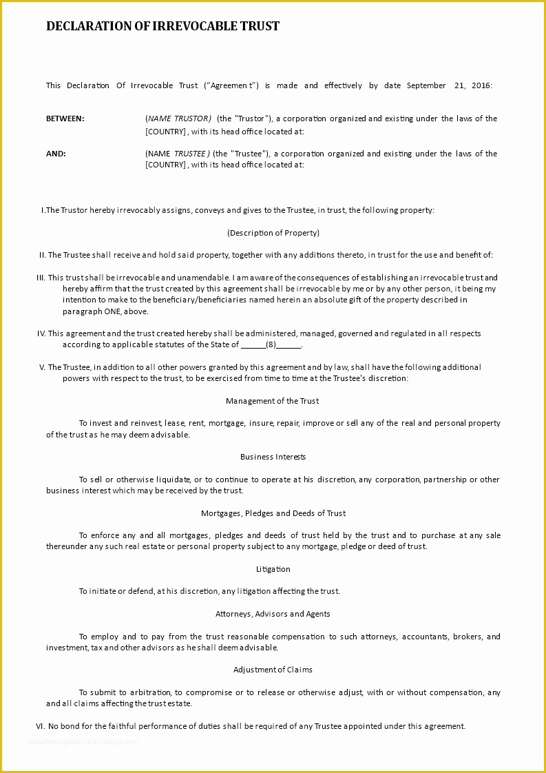 Free Declaration Of Trust Template Of Free Irrevocable Trust
