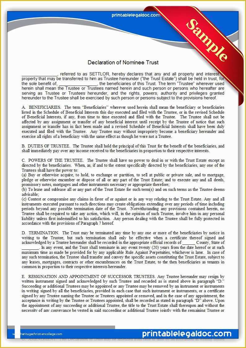 Free Declaration Of Trust Template Of Free Printable Declaration Nominee Trust form Generic