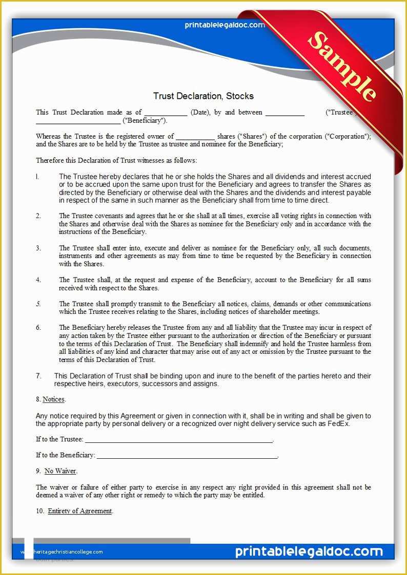 Free Declaration Of Trust Template Of Free Printable Trust Declaration Stocks form Generic